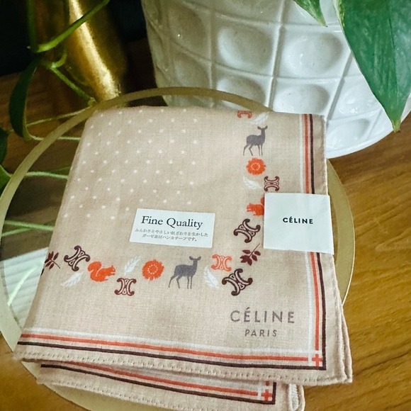 NWT Celine Beige Polka Dot Deer and Logo Patterned Fall Motif Cotton Scarf 20” - Picture 4 of 4